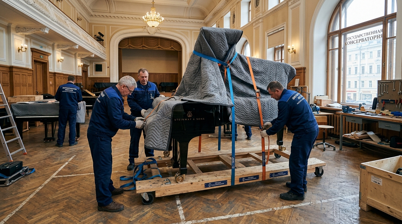 Логистика акустических роялей и антикварных пианино: такелаж на рояльных лыжах, разборка и защита деки от перепадов влажности